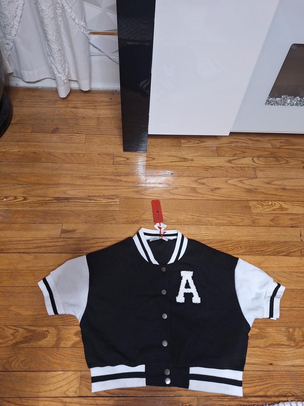 Girls' Black & White Varsity Crop Jacket with 'A' Patch